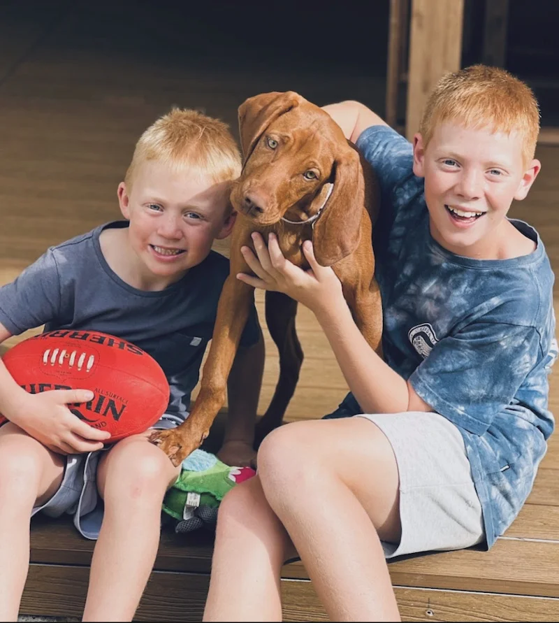 Puppy with kids and football Puppy doing training with its owner